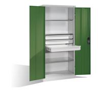C + P Möbelsysteme Armoire à outils C+P à portes battantes, 3 tablettes et 3 tiroirs, H1950xL930xP500mm Façade vert réséda Corps gris clair Quantité:1