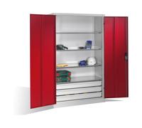 C + P Möbelsysteme Armoire à outils C+P à portes battantes, 4 tablettes et 3 tiroirs, H1950xL1200xP500mm Façade rouge ru orps gris clair Quantité:1