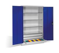 C + P Möbelsysteme Armoire à outils C+P à portes battantes, 4 tablettes et 3 tiroirs, H1950xL1200xP600mm Façade bleu gentiane Corps gris clair Quantité:1
