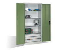 C + P Möbelsysteme Armoire à outils C+P à portes battantes, 4 tablettes et 3 tiroirs, H1950xL930xP500mm Façade vert réséda Corps gris clair Quantité:1
