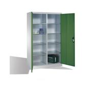 C + P Möbelsysteme Armoire à outils C+P avec portes battantes, 10 compartiments intérieurs, H1950xL1200xP500mm Façade vert réséda Corps gris clair Quantité:1