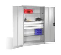 C + P Möbelsysteme Armoire à outils C+P avec portes battantes, 3 tablettes et 3 tiroirs, H1950xL1200xP500mm Façade gris clair Corps gris clair Quantité:1