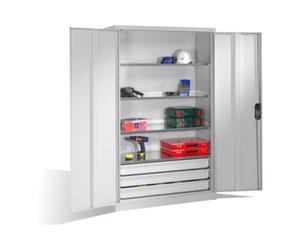 C + P Möbelsysteme Armoire à outils C+P avec portes battantes, 4 tablettes et 3 tiroirs, H1950xL1200xP500mm Façade gris clair Corps gris clair Quantité:1