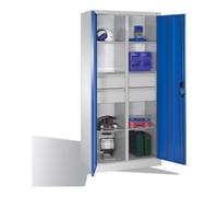 C + P Möbelsysteme Armoire à outils C+P avec portes battantes, 6 tablettes, 4 tiroirs, H1950xL930xP500mm Façade bleu clair Corps gris clair Quantité:1
