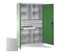 C + P Möbelsysteme Armoire à outils C+P avec portes battantes, 6 tablettes, 6 tiroirs, H1950xL1200xP500mm, gris clair/vert réséda Quantité:1