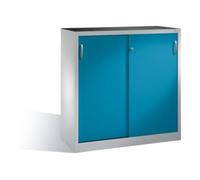 C + P Möbelsysteme Armoire à outils C+P avec portes coulissantes, intérieur 2 étagères, H1200xL1200xP400xP400mm corps avant bleu clair corps gris clair Quantité:1
