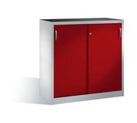 C + P Möbelsysteme Armoire à outils C+P avec portes coulissantes, intérieur 2 étagères, H1200xL1200xP500mm face avant rouge rubis caisson gris clair Quantité:1