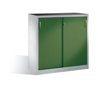 C + P Möbelsysteme Armoire à outils C+P avec portes coulissantes, intérieur 2 étagères, H1200xL1200xP500mm Façade Reseda vert corps gris clair Quantité:1