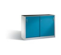 C + P Möbelsysteme Armoire à outils C+P avec portes coulissantes, intérieur 2 x 1 tablette, H1000xL1600xP400mm face avant bleu clair corps gris clair Quantité:1