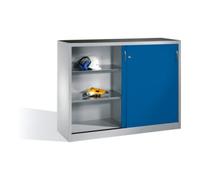 C + P Möbelsysteme Armoire à outils C+P avec portes coulissantes, intérieur 2 x 2 étagères, H1200xL1600xP400mm Façade Corps bleu gentiane Corps gris clair Quantité:1
