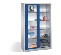 C + P Möbelsysteme Armoire à outils C+P avec portes coulissantes vitrées, 4 étagères, H1950xL1200xP500mm face avant bleu gentiane corps gris clair Quantité:1