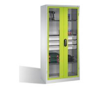 C + P Möbelsysteme Armoire à outils C+P, portes battantes à fenêtre transparente, 3 tablettes, 3 tiroirs, H1950xL930xP500mm Façade vert viridine Corps gris clair Quantité:1