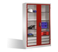 C + P Möbelsysteme Armoire à outils C+P, portes battantes à fenêtre transparente, 3 tablettes, 3 tiroirs, H1950xL1200xP500mm Façade rouge rubis Corps gris clair Quantité:1