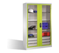 C + P Möbelsysteme Armoire à outils C+P, portes battantes à fenêtre transparente, 3 tablettes, 3 tiroirs, H1950xL1200xP500mm Façade vert viridine Corps gris clair Quantité:1