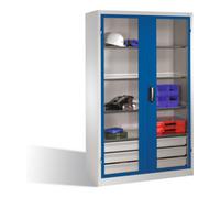 C + P Möbelsysteme Armoire à outils C+P, portes battantes à fenêtre transparente, 3 tablettes, 3 tiroirs, H1950xL1200xP500mm Façade bleu gentiane Corps gris clair Quantité:1