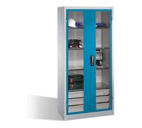 C + P Möbelsysteme Armoire à outils C+P, portes battantes à fenêtre transparente, 4 tablettes, 3 tiroirs, H1950xL930xP500mm Façade bleu clair Corps gris clair Quantité:1