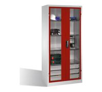 C + P Möbelsysteme Armoire à outils C+P, portes battantes à fenêtre transparente, 4 tablettes, 3 tiroirs, H1950xL930xP500mm Façade rouge rubis Corps gris clair Quantité:1