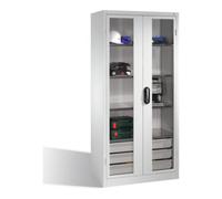 C + P Möbelsysteme Armoire à outils C+P, portes battantes à fenêtre transparente, 4 tablettes, 3 tiroirs, H1950xL930xP500mm Façade gris clair Corps gris clair Quantité:1