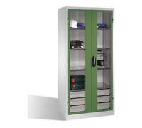C + P Möbelsysteme Armoire à outils C+P, portes battantes à fenêtre transparente, 4 tablettes, 3 tiroirs, H1950xL930xP500mm Façade vert réséda Corps gris clair Quantité:1