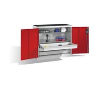 C + P Möbelsysteme Armoire d'appoint à outils C+P avec portes battantes, 2 tablettes et 3 tiroirs, H1000xL1200xP500mm Façade bleu gentiane Corps gris clair Quantité:1