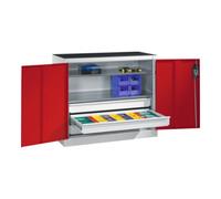 C + P Möbelsysteme Armoire d'appoint à outils C+P avec portes battantes, 2 tablettes et 3 tiroirs, H1000xL1200xP500mm Façade rouge ru orps gris clair Quantité:1