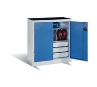 C + P Möbelsysteme Armoire d'appoint à outils C+P avec portes battantes, 2 tablettes et 3 tiroirs, H1000xL930xP500mm Façade bleu clair Corps gris clair Quantité:1