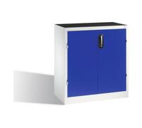 C + P Möbelsysteme Armoire d'appoint à outils C+P avec portes battantes, 2 tablettes et 3 tiroirs, H1000xL930xP500mm Façade bleu gentiane Corps gris clair Quantité:1