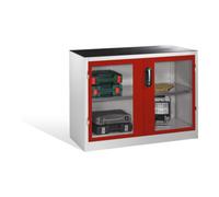 C + P Möbelsysteme Armoire d'appoint à outils C+P avec portes battantes à fenêtre transparente, 1 fond, H1000xL1200xP500mm Façade rouge rubis Corps gris clair Quantité:1