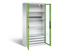C + P Möbelsysteme Armoire de charge à accu C+P pour 5 outils électriques, 3 tiroirs, fenêtre, H1950xL930xP500mm, vert viridine/gris clair Quantité:1