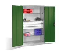C + P Möbelsysteme Armoire pour charges lourdes C+P avec portes battantes, 3 tablettes et 3 tiroirs, H1950xL1200xP500mm Façade vert réséda Corps gris clair Quantité:1