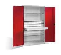 C + P Möbelsysteme Armoire pour charges lourdes C+P avec portes battantes, 3 tablettes et 3 tiroirs, H1950xL1200xP500mm Façade rouge rubis Corps gris clair Quantité:1