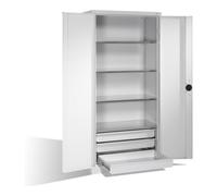 C + P Möbelsysteme Armoire pour charges lourdes C+P avec portes battantes, 4 tablettes et 3 tiroirs, H1950xL930xP500mm Façade gris clair Corps gris clair Quantité:1