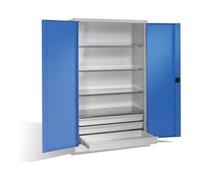 C + P Möbelsysteme Armoire pour charges lourdes C+P avec portes battantes, 4 tablettes et 3 tiroirs, H1950xL1200xP500mm Façade bleu clair Corps gris clair Quantité:1