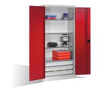 C + P Möbelsysteme Armoire pour charges lourdes C+P avec portes battantes, 4 tablettes et 3 tiroirs, H1950xL930xP500mm Façade rouge rubis Corps gris clair Quantité:1