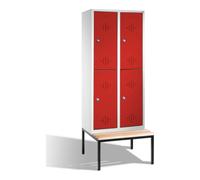 C + P Möbelsysteme C+P Armoire à casiers Classic double étage avec banc, 4 compartiments, H2090 × I810 × P500/815 mm, façade rubis rouge, corps gris clair Quantité:1