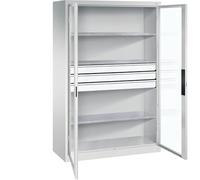 C + P Möbelsysteme C+P Armoire à porte battante à fenêtre battante 1950 x 1200 x 500 mm (H x l x P) 3 étagères 3 tiroirs Gris clair/gris clair