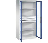 C + P Möbelsysteme C+P Armoire à porte battante à fenêtre battante 1950 x 930 x 500 mm 3 étagères 3 tiroirs Gris clair/bleu gentiane