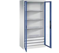 C + P Möbelsysteme C+P Armoire à porte battante à fenêtre battante 1950 x 930 x 500 mm 4 étagères 3 tiroirs Gris clair/bleu gentiane