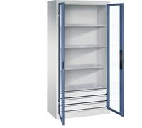 C + P Möbelsysteme C+P Armoire à porte battante à fenêtre battante 1950 x 930 x 500 mm 4 étagères 3 tiroirs Gris clair/bleu clair