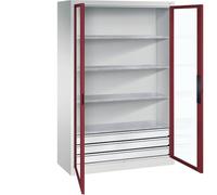 C + P Möbelsysteme C+P Armoire à porte battante à fenêtre battante, H x l x P : 1950 x 1200 x 500 mm, 4 étagères, 3 tiroirs, gris clair/rouge rubis