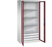 C + P Möbelsysteme C+P Armoire à porte battante à fenêtre battante, H x l x P : 1950 x 930 x 500 mm, 4 étagères, 3 tiroirs, gris clair/rouge rubis