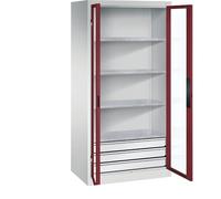 C + P Möbelsysteme C+P Armoire à porte battante à fenêtre battante, H x l x P : 1950 x 930 x 600 mm, 4 étagères, 3 tiroirs, gris clair/rouge rubis