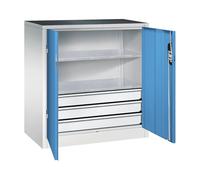 C + P Möbelsysteme C+P Armoire d'appoint d'atelier avec portes battantes et tiroirs, 1000 x 930 x 500 mm, gris clair/bleu clair
