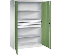 C + P Möbelsysteme C+P Armoire d'atelier à porte battante avec tiroirs 1200 x 500 mm l x 500 mm 3 étagères Gris clair/vert reseda