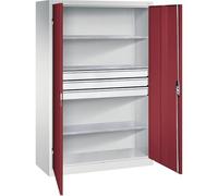 C + P Möbelsysteme C+P Armoire d'atelier à porte battante avec tiroirs 1200 x 500 mm l x 500 mm 3 étagères Gris clair/rouge rubis