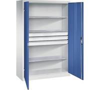 C + P Möbelsysteme C+P Armoire d'atelier à porte battante avec tiroirs 1200 x 500 mm l x 500 mm 3 étagères Gris clair/bleu gentiane