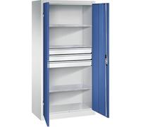 C + P Möbelsysteme C+P Armoire d'atelier à porte battante avec tiroirs 930 x 500 mm l x 500 mm 3 étagères Gris clair/bleu gentiane