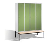 C + P Möbelsysteme C+P Casier vestiaire Classic avec banc, 4 compartiments, H2090×I1590×P500/815mm façade vert réséda corps gris clair Quantité:1