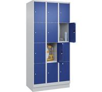 C + P Möbelsysteme C+P | Vestiaire à 4 casiers Classic Plus | 3 Compartiments | Gris Clair/Bleu Gentiane | l 900 mm | 12 Cases | avec Socle