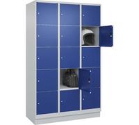 C + P Möbelsysteme C+P | Vestiaire à 5 casiers Classic Plus | 3 Compartiments | Gris Clair/Bleu Gentiane | l 1200 mm | 15 Cases | avec Socle